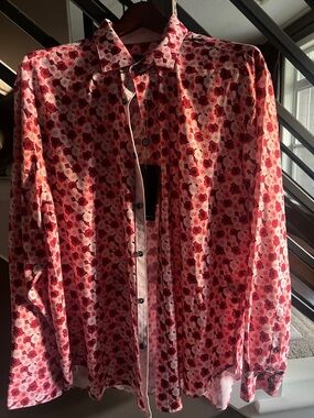 Society Of Threads Red and Pink Rose-Print Button Shirt